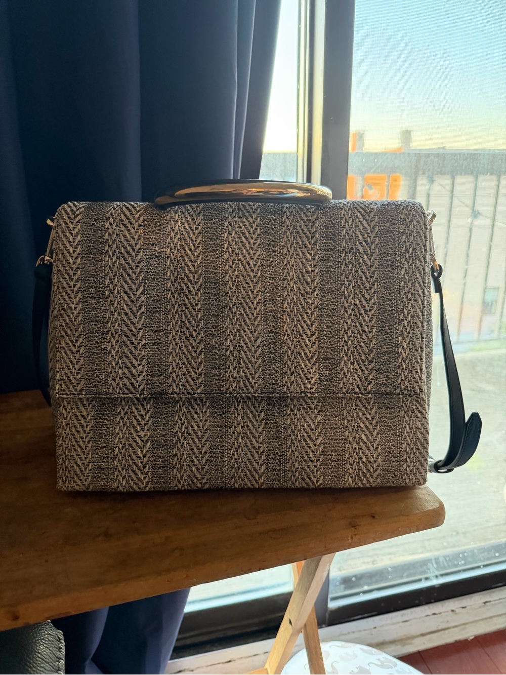 Hugo Boss Gray Chevron-Pattern Shoulder Bag with Black Strap